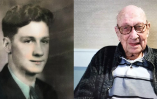 Side by side photos of Masonic Village resident Bill Barnett as a young man and at present day.