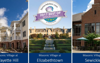 senior advisor award badge over photos of Masonic Village Lafayette Hill, Masonic Village at Elizabethtown, and Masonic Village at Sewickley.