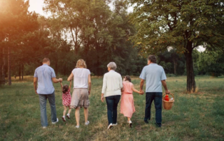 intergenerational group walking outside.