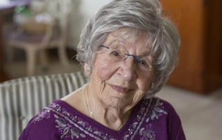 Helen Mathias, a smiling senior woman, on her 100th Birthday.