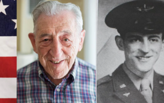 Side by side images of John Francis, a resident of the Masonic Village at Sewickley, of himself at present and as a young man in the military, an American Flag is in the background of the two images.