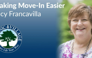 A smiling woman with short, blond hair standing outside, with text overlay, "Making Move-In Easier, Lucy Francavilla."