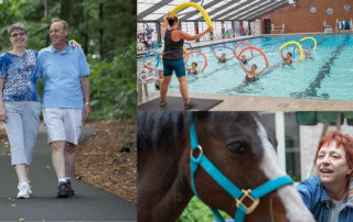 Residents engaged in wellness activities including walking, aqua fitness, and petting a horse.
