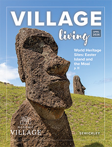 Sewickley Village Living Magazine featuring a sculpted rock face on Easter Island.