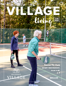 Dallas Village Living cover featuring women playing pickleball outdoors.
