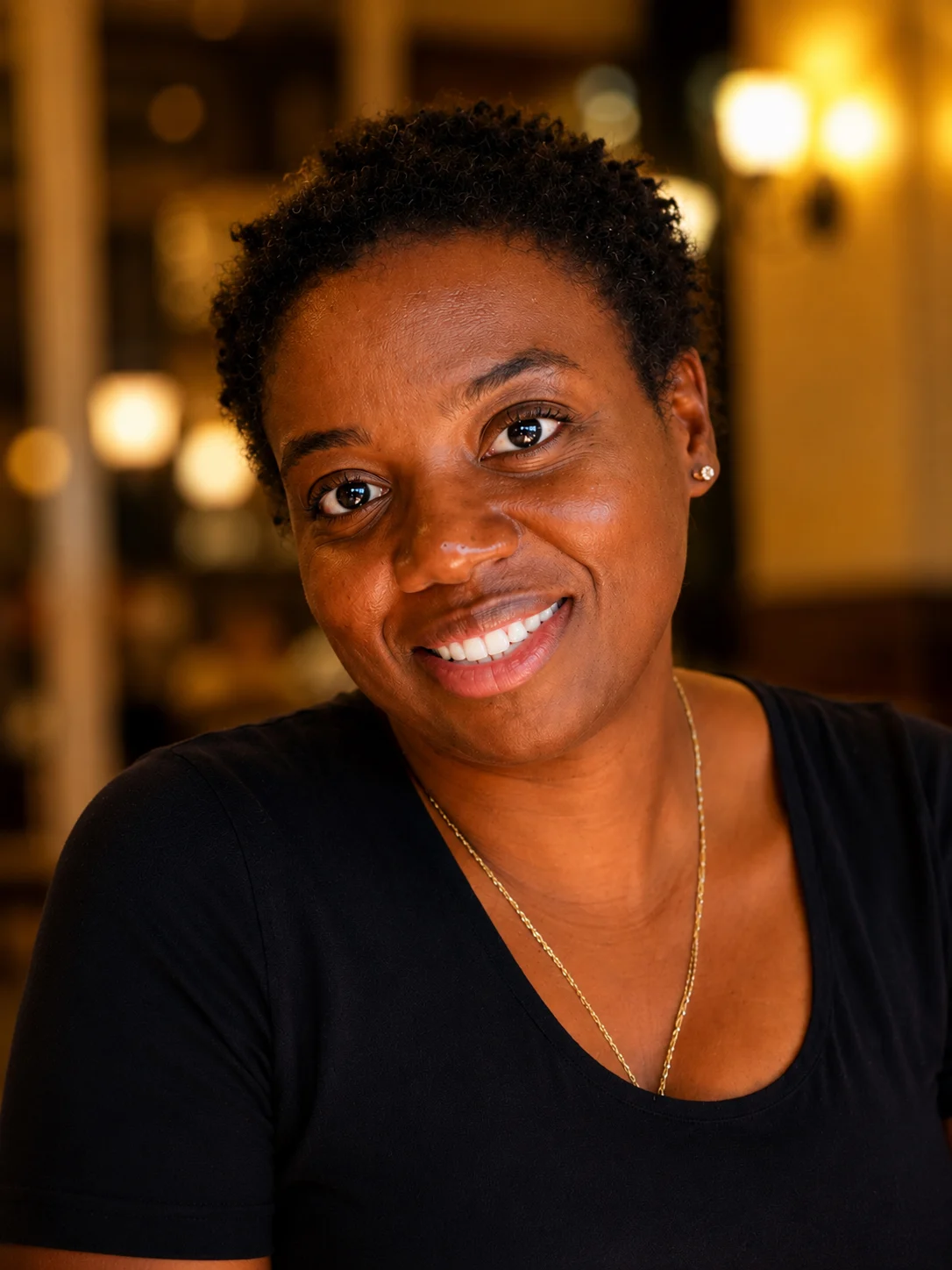 Smiling woman with short, dark hair wearing a black shirt while standing indoors.